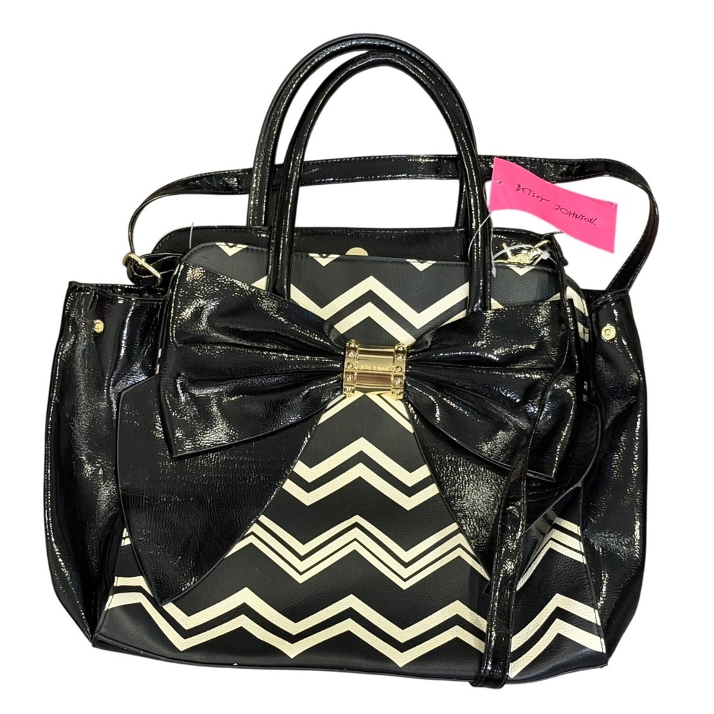 NWT Betsey Johnson Chevron Bow Satchel Bag Black Convertible Crossbody Tote